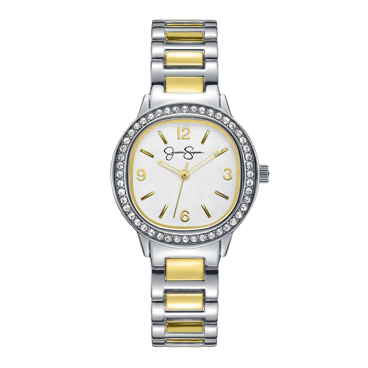 Jessica Simpson Women’s Round Two Tone Watch 30mm White Dial Crystal Bezel