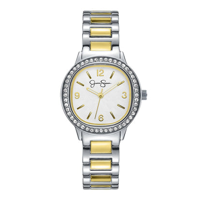 Jessica Simpson Women’s Round Two Tone Watch 30mm White Dial Crystal Bezel