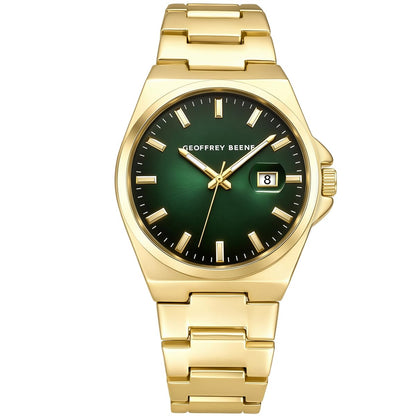 Geoffrey Beene Men’s Round Gold Watch 40mm Green Sunray Dial Bracelet Date Window
