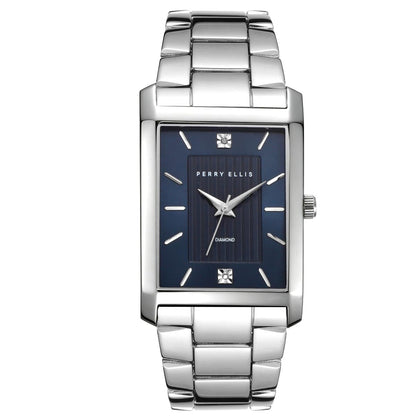Perry Ellis Ultra Slim Men's Watch – Rectangular Gunmetal, Aubergine Textured Dial with Diamond Accents, Silver Faceted Indexes, Gunmetal Stretch Bracelet, Quartz Analog Fashion Accessory
