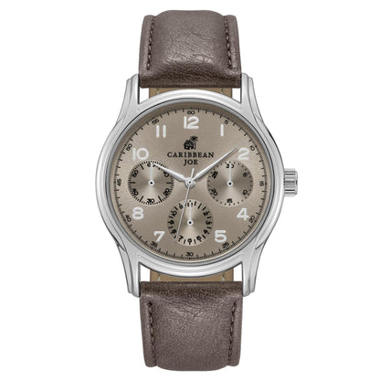 CARIBBEAN JOE Men’s Watch, 41mm Round Case, Silvertone, Taupe Sunray Dial, Arabic Markers, Decorative Dial Markers, Brown PU Strap