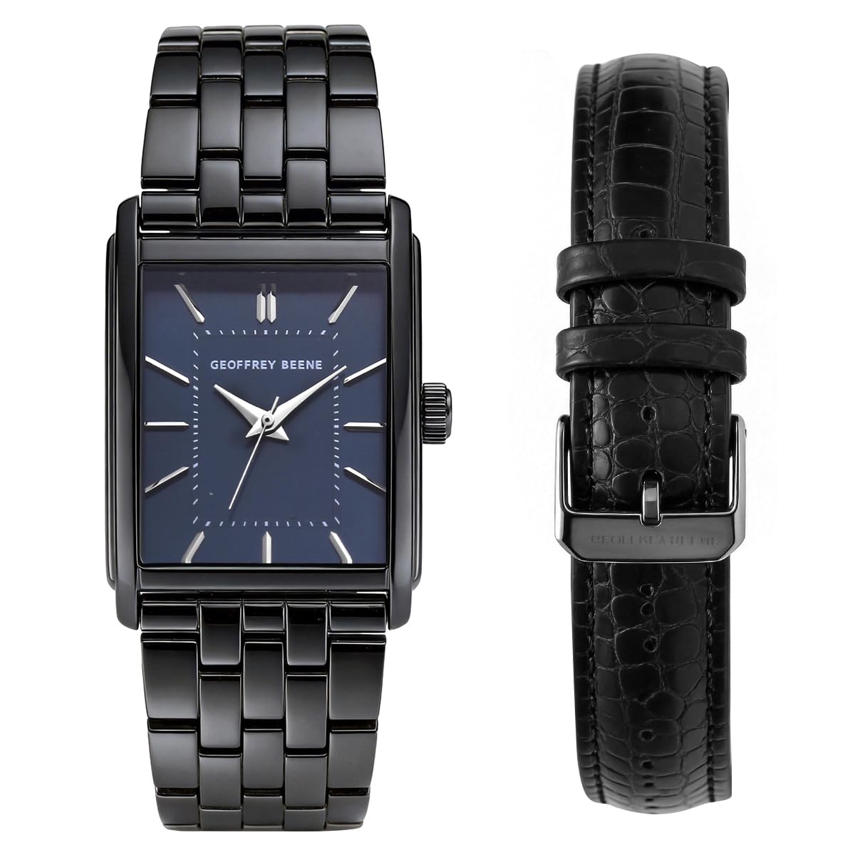 Geoffrey Beene Men’s Watch Set Rectangular Gunmetal 31mm Blue Sunray Dial Strap & Bracelet
