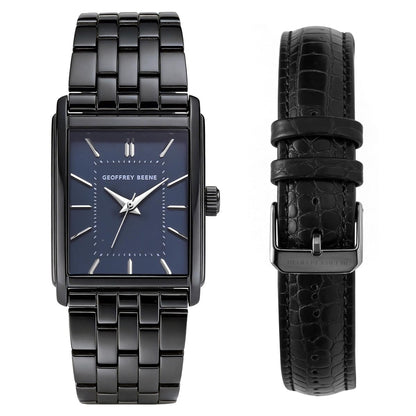 Geoffrey Beene Men’s Watch Set Rectangular Gunmetal 31mm Blue Sunray Dial Strap & Bracelet