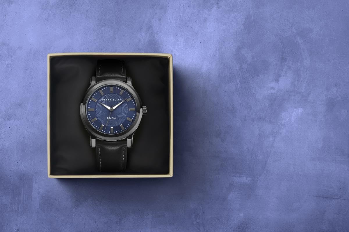 Perry Solar Men’s Watch – Round Blue Dial, Black Leather Strap, Water-Resistant Analog