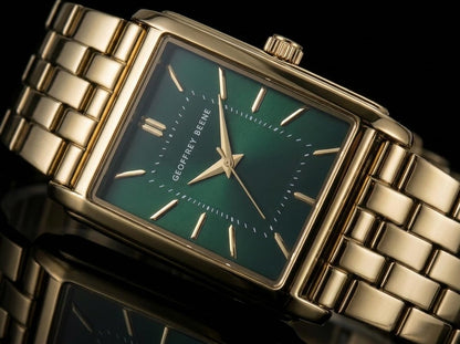 Geoffrey Beene Men’s Watch Set Rectangular Gold 31mm Green Sunray Dial Strap & Bracelet