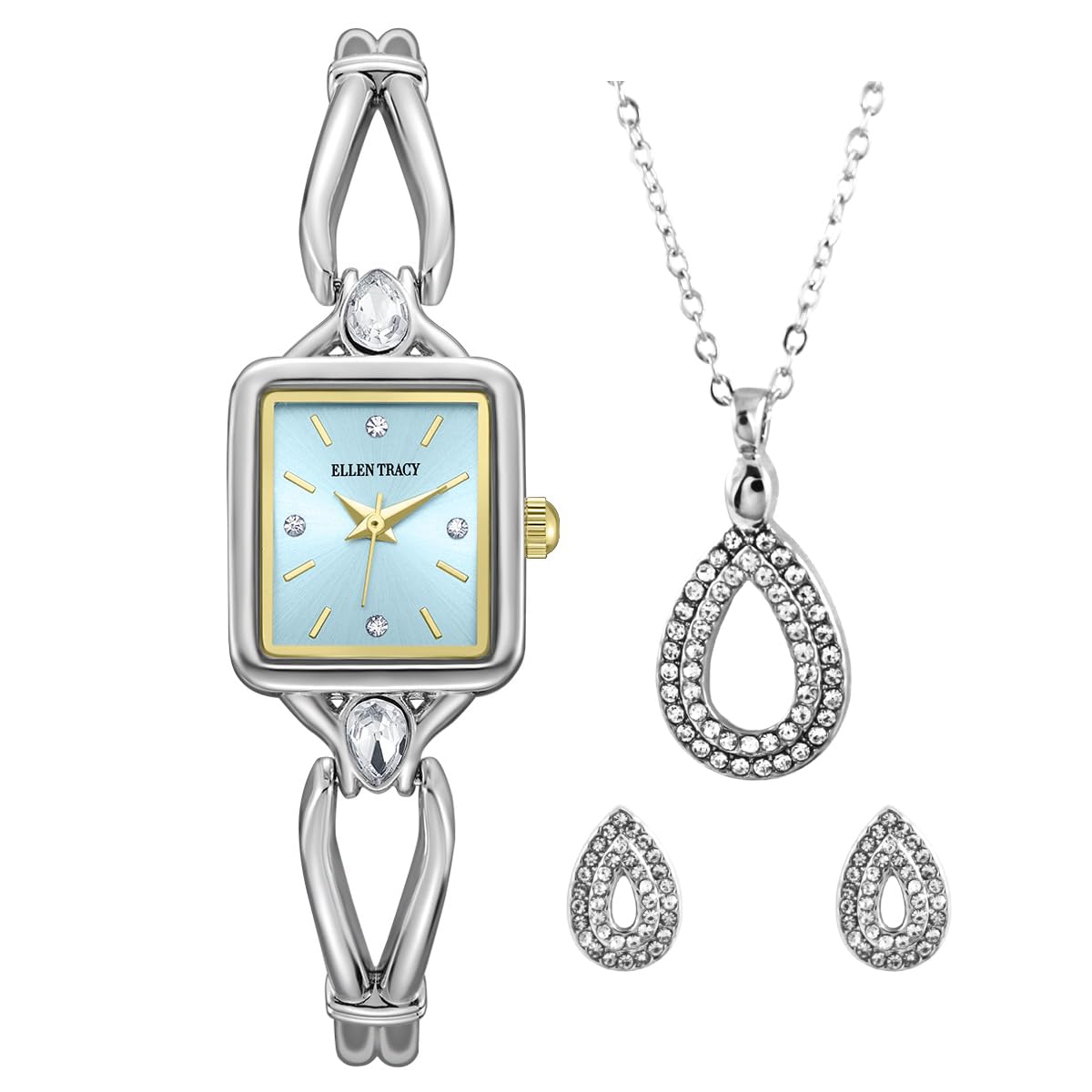 ELLEN TRACY Women's 20mm Rectangle Silvertone Watch and Jewelry Gift Set, Blue Dial, Crystal Accents