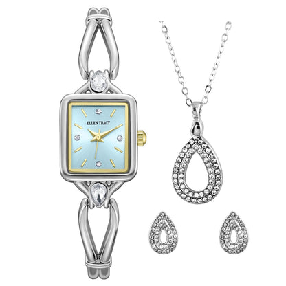 ELLEN TRACY Women's 20mm Rectangle Silvertone Watch and Jewelry Gift Set, Blue Dial, Crystal Accents