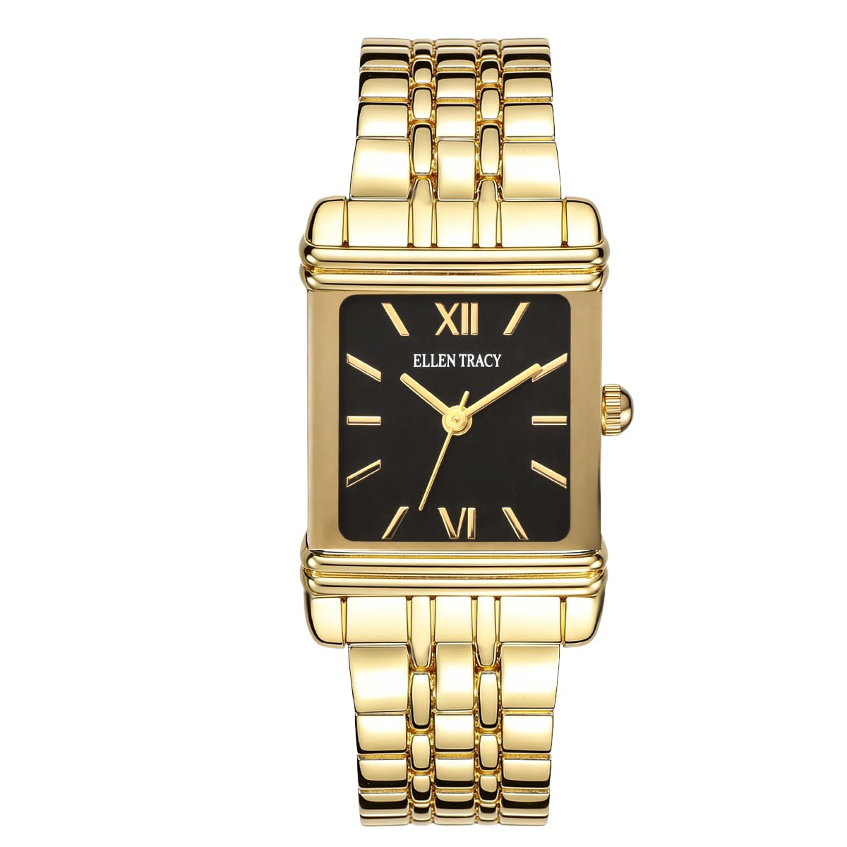 ELLEN TRACY Women's 22mm Rectangle Goldtone Watch, Black Dial, Bracelet Band