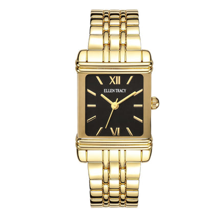 ELLEN TRACY Women's 22mm Rectangle Goldtone Watch, Black Dial, Bracelet Band