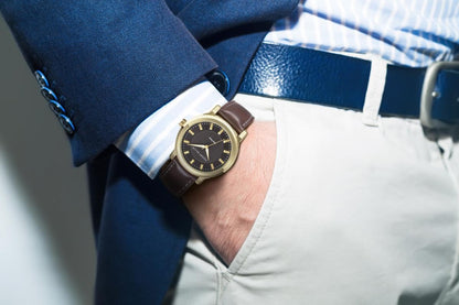 Perry Solar Men’s Watch – Round Blue Dial, Black Leather Strap, Water-Resistant Analog