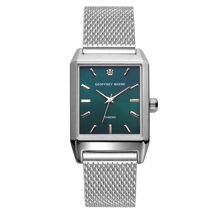 Geoffrey Beene Men’s Rectangular Silver Watch 33mm Teal Sunray Dial Mesh Bracelet Diamond Accent