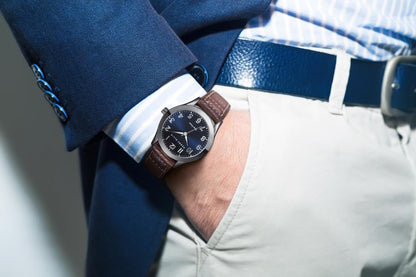 Perry Ellis Solar Men’s Watch –Black Round Sunray Dial, Black Leather Strap, Water-Resistant Analog