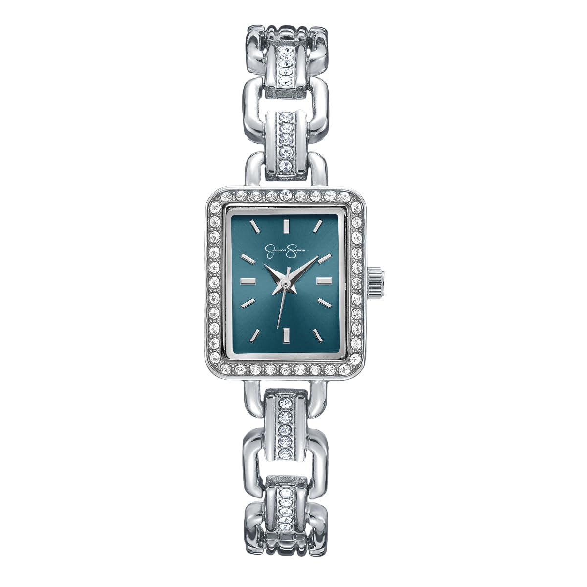 Jessica Simpson Women’s Rectangular Silver Watch 20mm Teal Sunray Dial Crystal Bracelet