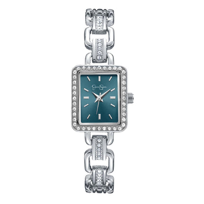 Jessica Simpson Women’s Rectangular Silver Watch 20mm Teal Sunray Dial Crystal Bracelet