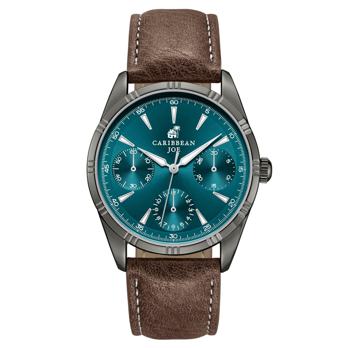 CARIBBEAN JOE Men’s Watch, 41mm Round Case, Light Gunmetal, Green Sunray Dial, Triangle Luminous Markers, Decorative Dial Markers, Brown PU Strap