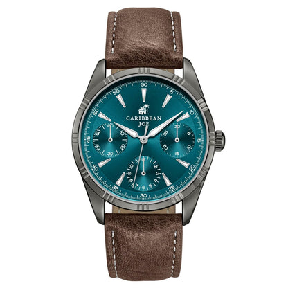 CARIBBEAN JOE Men’s Watch, 41mm Round Case, Light Gunmetal, Green Sunray Dial, Triangle Luminous Markers, Decorative Dial Markers, Brown PU Strap