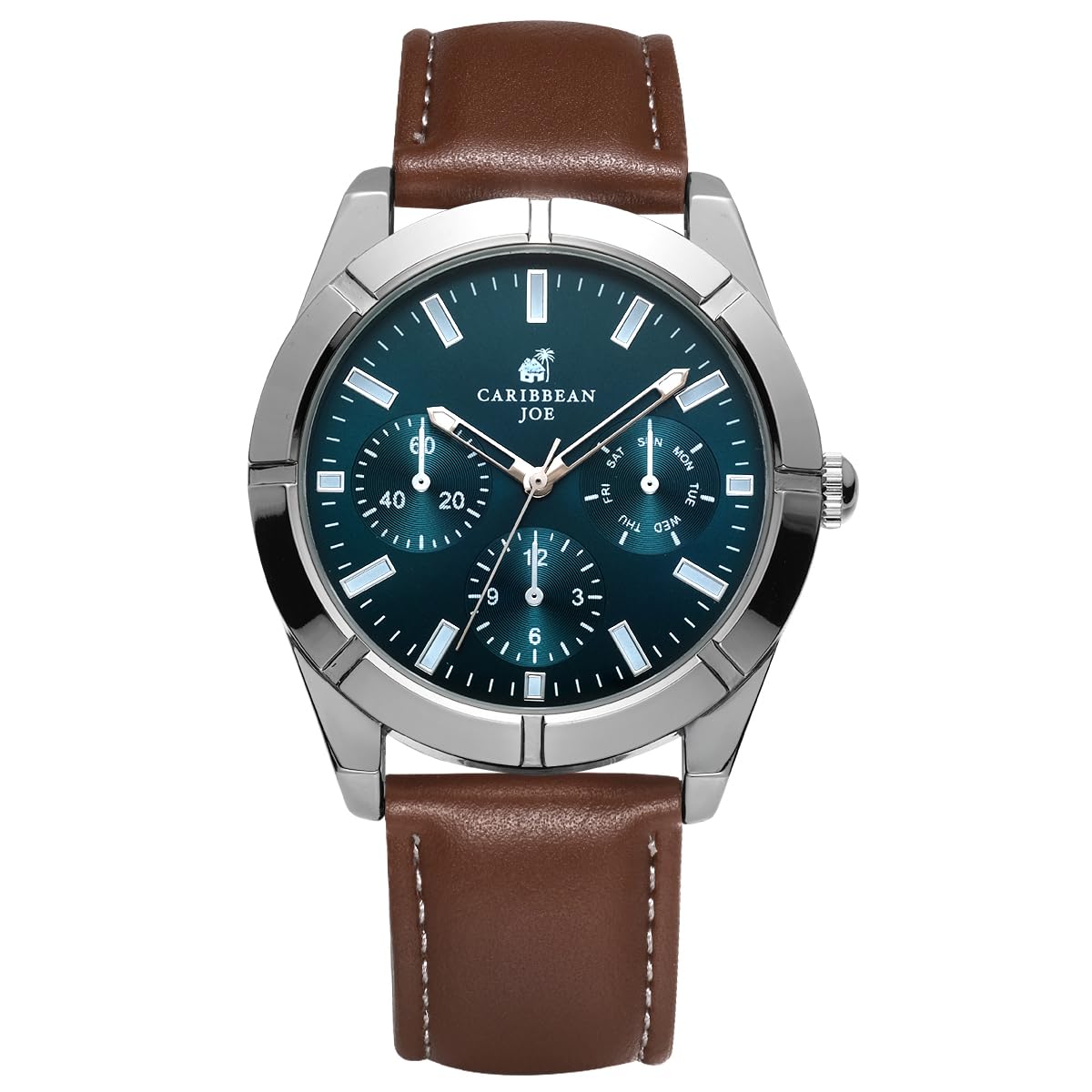 CARIBBEAN JOE Men’s Analog Watch with Teal Sunray Dial, Silver-Tone 43mm Round Case, Decorative Subdials, Brown Vegan Leather Strap, Quartz Movement, Casual Dress Wrist Watch for Men