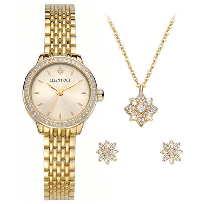 ELLEN TRACY Women's 25mm Round Goldtone Watch and Jewelry Gift Set, Champagne Dial, Crystal Accents