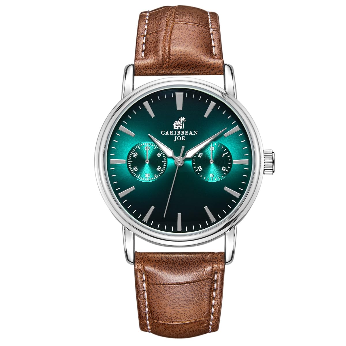 CARIBBEAN JOE Men’s Analog Watch with Blue Gradient Sunray Dial, Gunmetal 41mm Round Case, Decorative Subdials, Black Vegan Leather Strap, Quartz Movement, Casual Dress Wrist Watch