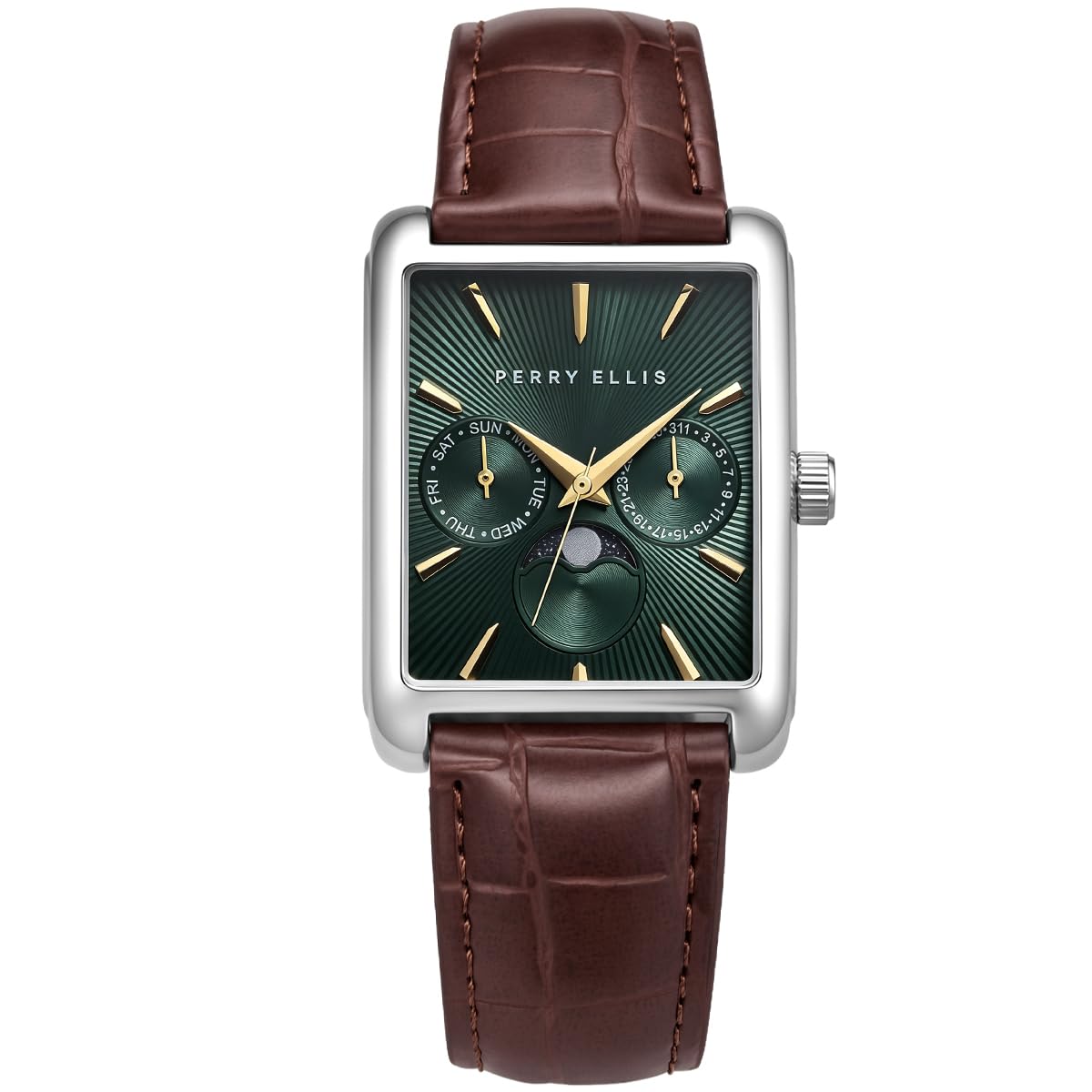 Perry Ellis Men's Rectangular Moonphase Watch, Textured Dial, PU Strap