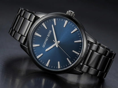 Geoffrey Beene Men’s Watch Set Round Gunmetal 42mm Blue Sunray Dial Strap & Bracelet