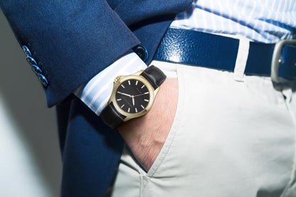 Perry Ellis Slim Mens Watch | Vegan Leather Water-Resistant Analog Wrist Watches for Men | 41mm Case | Relojes para Hombres | Elegant Gift for Man (Gold)