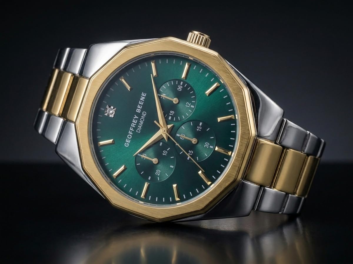Geoffrey Beene Men’s Round Two Tone Watch 43mm Green Sunray Dial Bracelet Diamond Accent