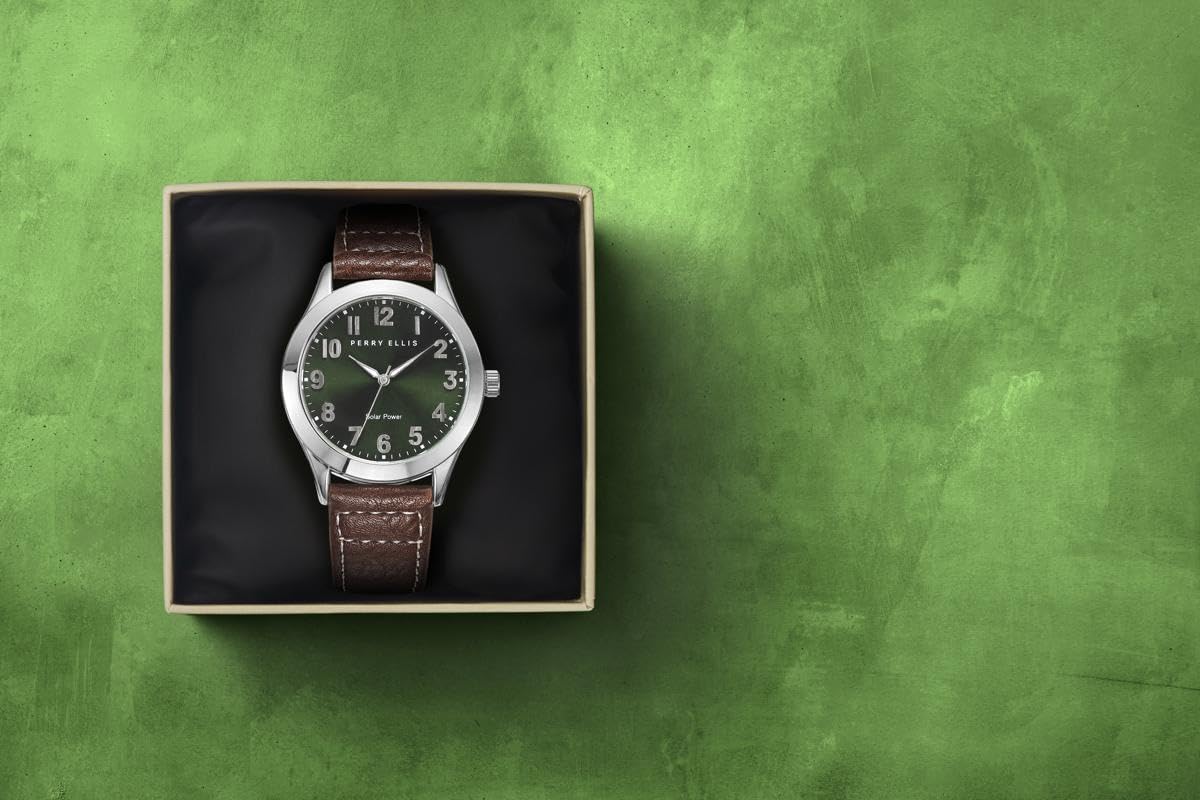 Perry Ellis Solar Men’s Watch –Black Round Sunray Dial, Black Leather Strap, Water-Resistant Analog