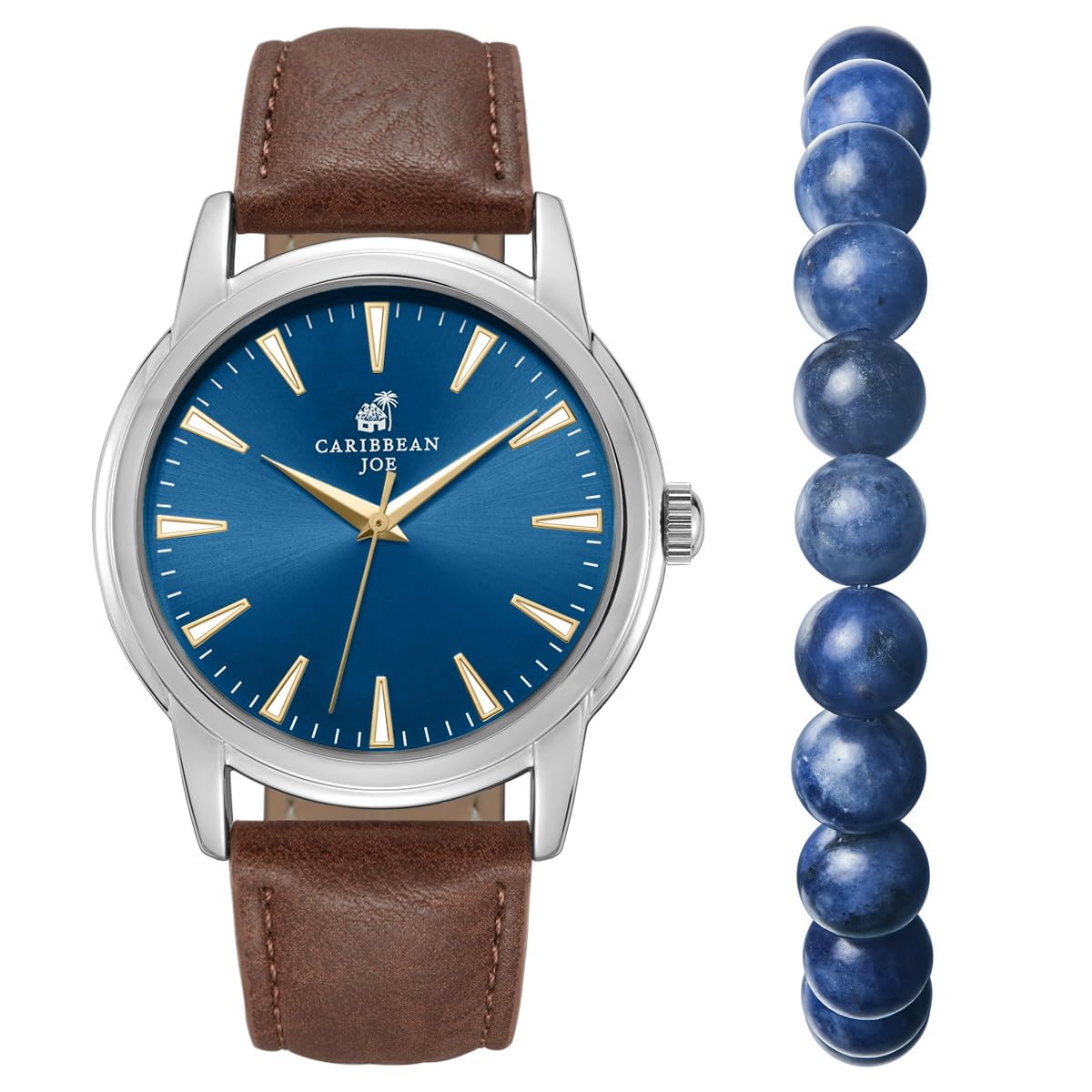 CARIBBEAN JOE Men’s Watch & Blue Sodalite Beaded Bracelet Set – 41mm Silver-Tone Case, Blue Sunray Dial, Gold-Tone Luminous Markers, Brown PU Strap, 8mm Natural Stone 8” Bracelet