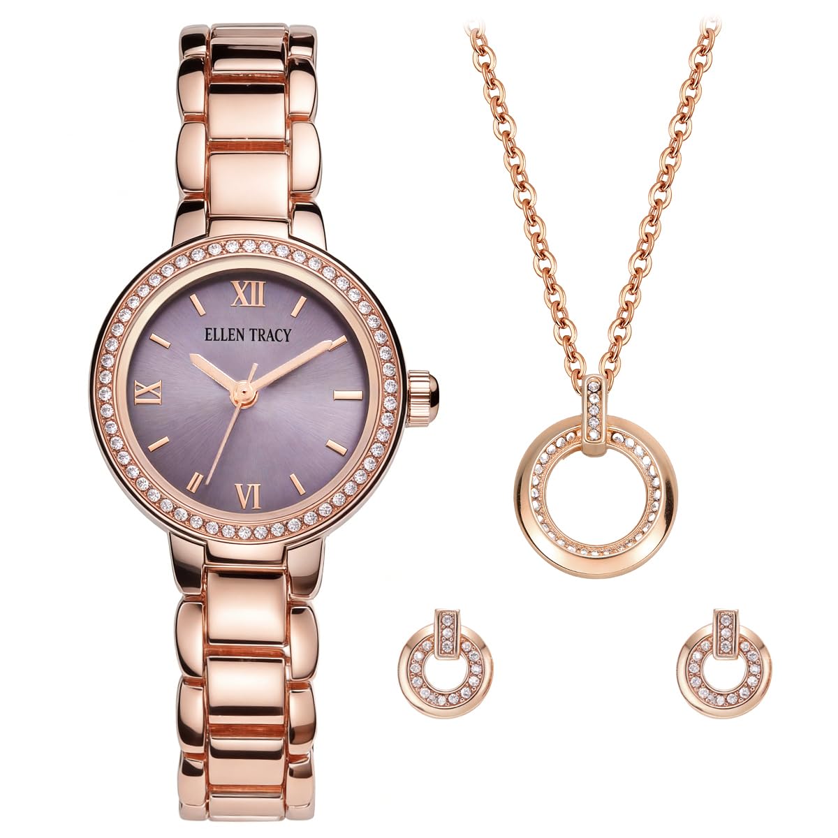 ELLEN TRACY Women's 28mm Round Rose Goldtone Watch and Jewelry Gift Set, Lavender Dial, Crystal Accents