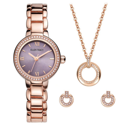 ELLEN TRACY Women's 28mm Round Rose Goldtone Watch and Jewelry Gift Set, Lavender Dial, Crystal Accents