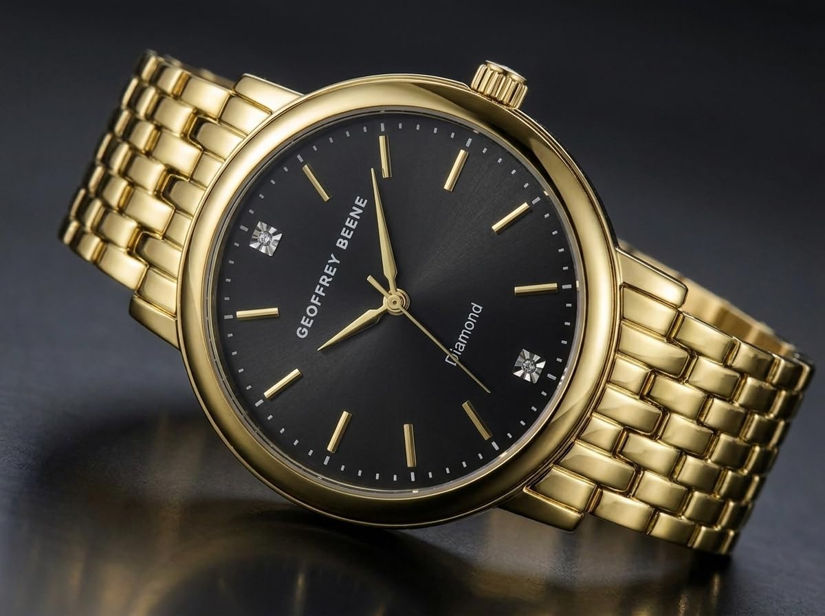 Geoffrey Beene Men’s Round Gold Watch 41mm Black Sunray Dial Bracelet Diamond Accent