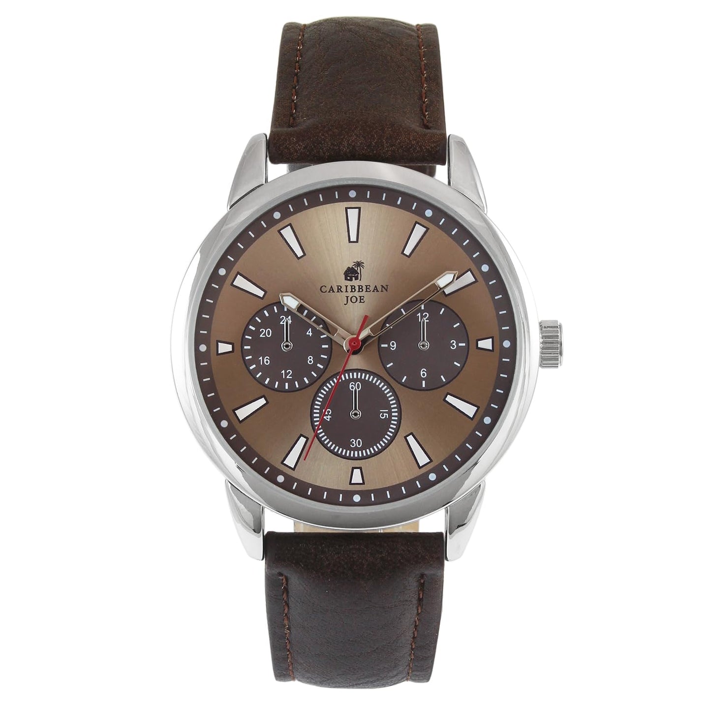 CARIBBEAN JOE Men’s Watch, 41mm Round Case, Silvertone, Light Brown Sunray Dial, Decorative Dial Accents, Luminous Indexes, Dark Brown PU Strap