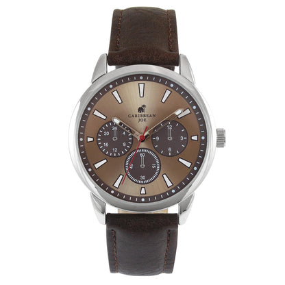 CARIBBEAN JOE Men’s Watch, 41mm Round Case, Silvertone, Light Brown Sunray Dial, Decorative Dial Accents, Luminous Indexes, Dark Brown PU Strap