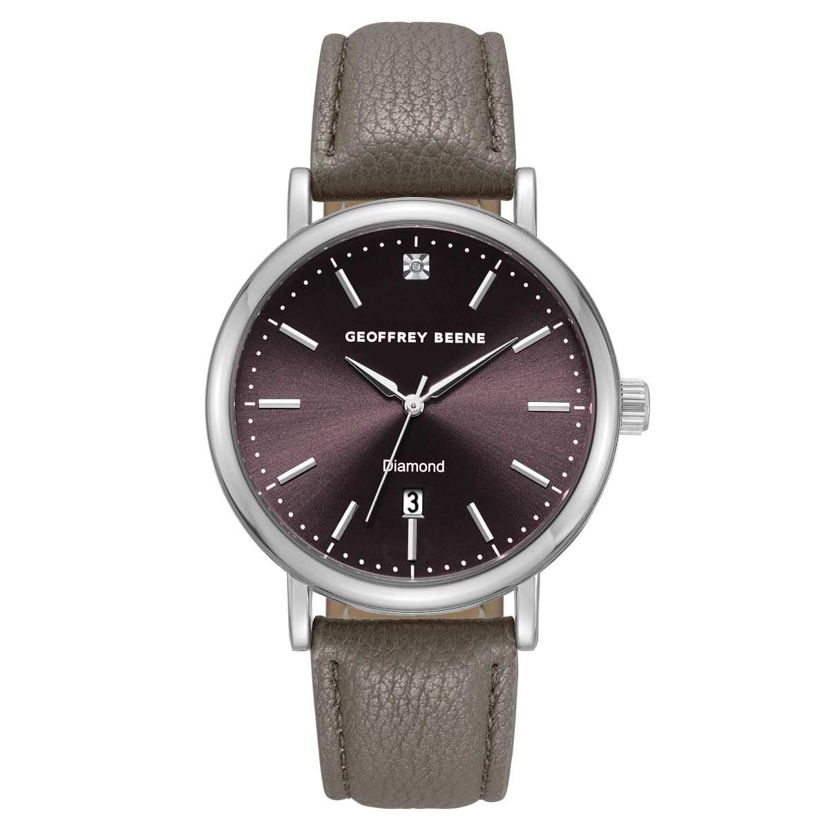 Geoffrey Beene Men’s Round Silver Watch 41mm Gray Sunray Dial PU Strap Diamond Accent