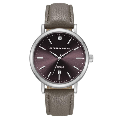 Geoffrey Beene Men’s Round Silver Watch 41mm Gray Sunray Dial PU Strap Diamond Accent