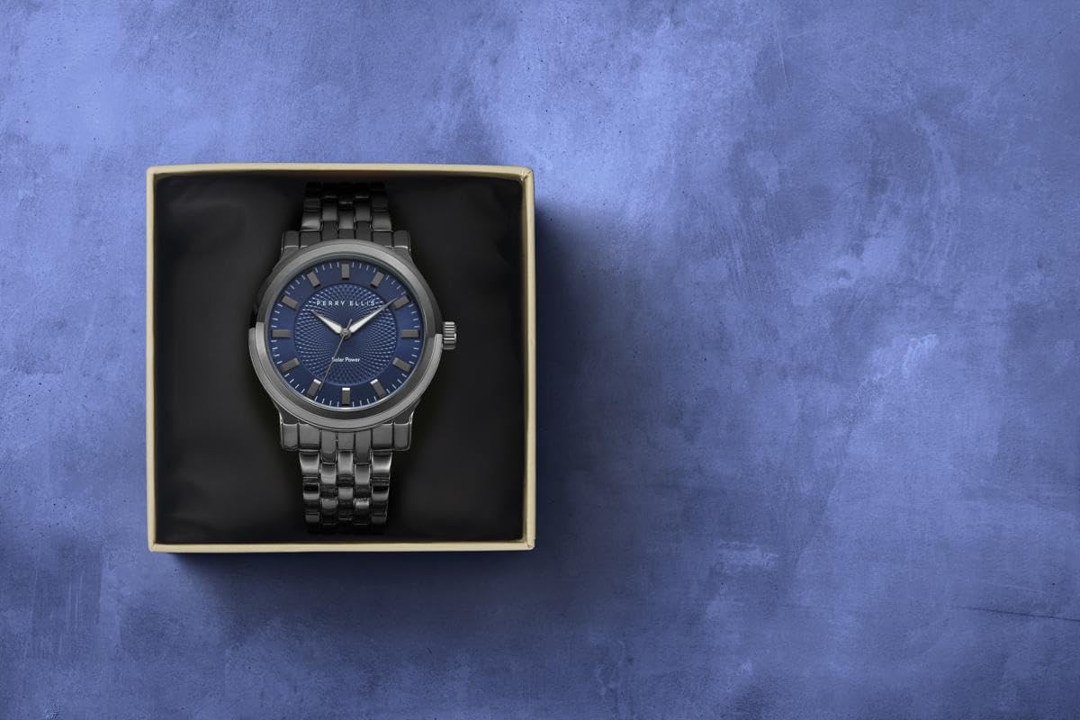 Perry Ellis Solar Men’s Watch – Blue Dial, Gunmetal Alloy Band, Water-Resistant Analog