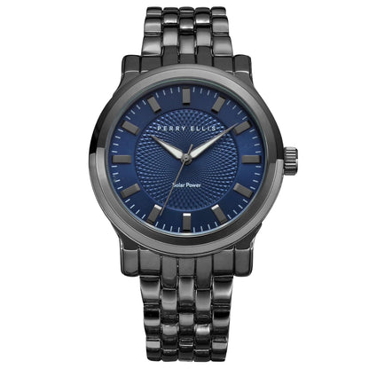 Perry Ellis Solar Men’s Watch – Blue Dial, Gunmetal Alloy Band, Water-Resistant Analog