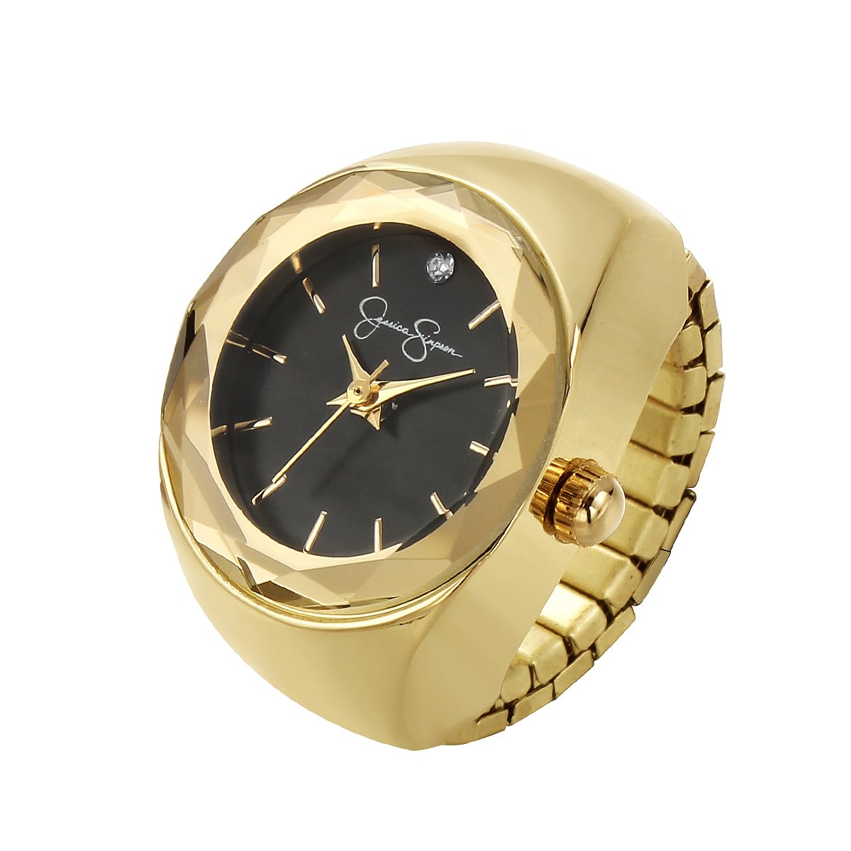 Jessica Simpson Women's Gold Adjustable Ring Watch –Faceted Bezel, Quartz Analog Mini Dial with Crystal, Stretch Band Fashion Jewelry Accessory
