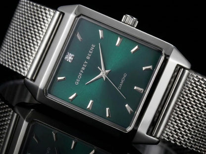 Geoffrey Beene Men’s Rectangular Silver Watch 33mm Teal Sunray Dial Mesh Bracelet Diamond Accent