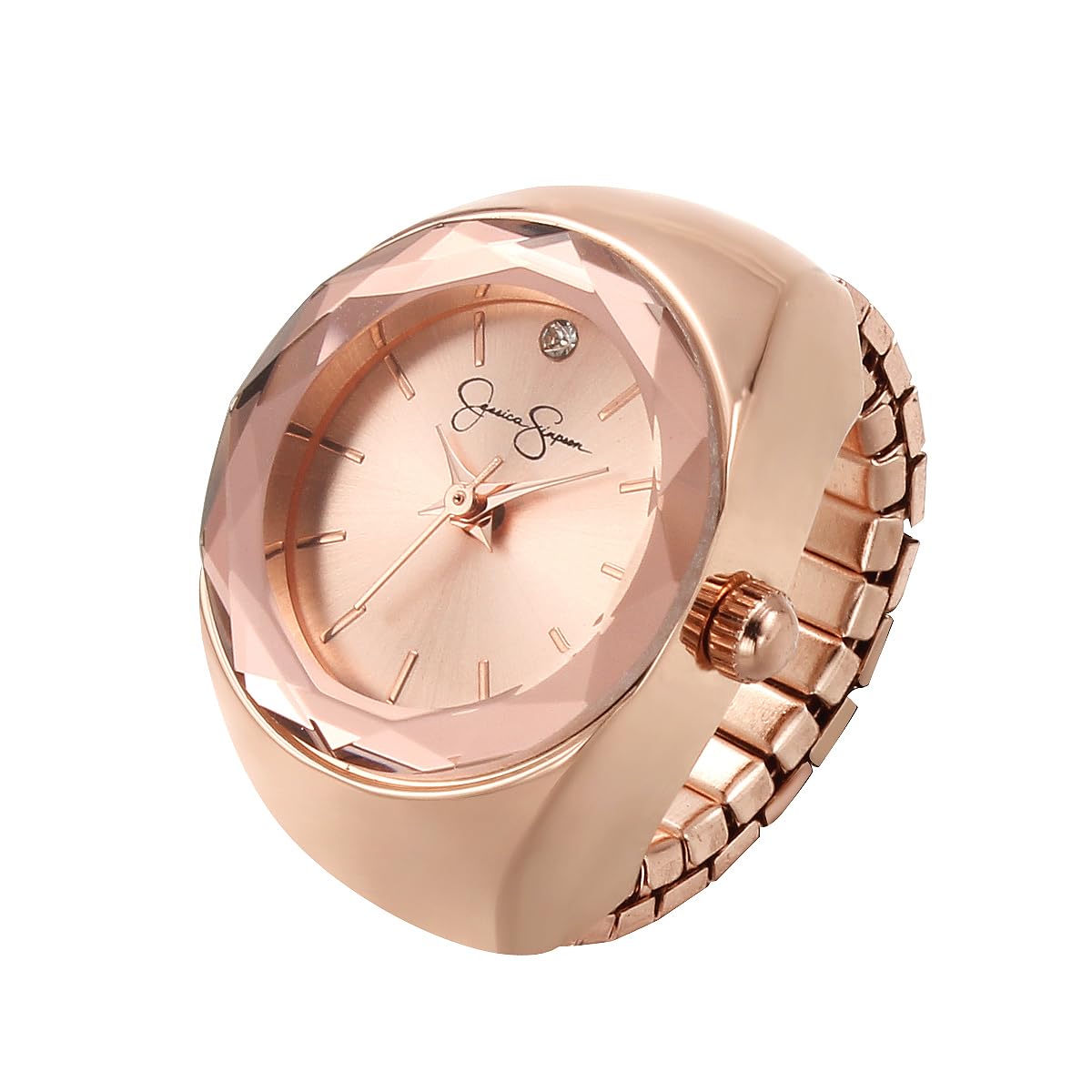 Jessica Simpson Women's Gold Adjustable Ring Watch –Faceted Bezel, Quartz Analog Mini Dial with Crystal, Stretch Band Fashion Jewelry Accessory
