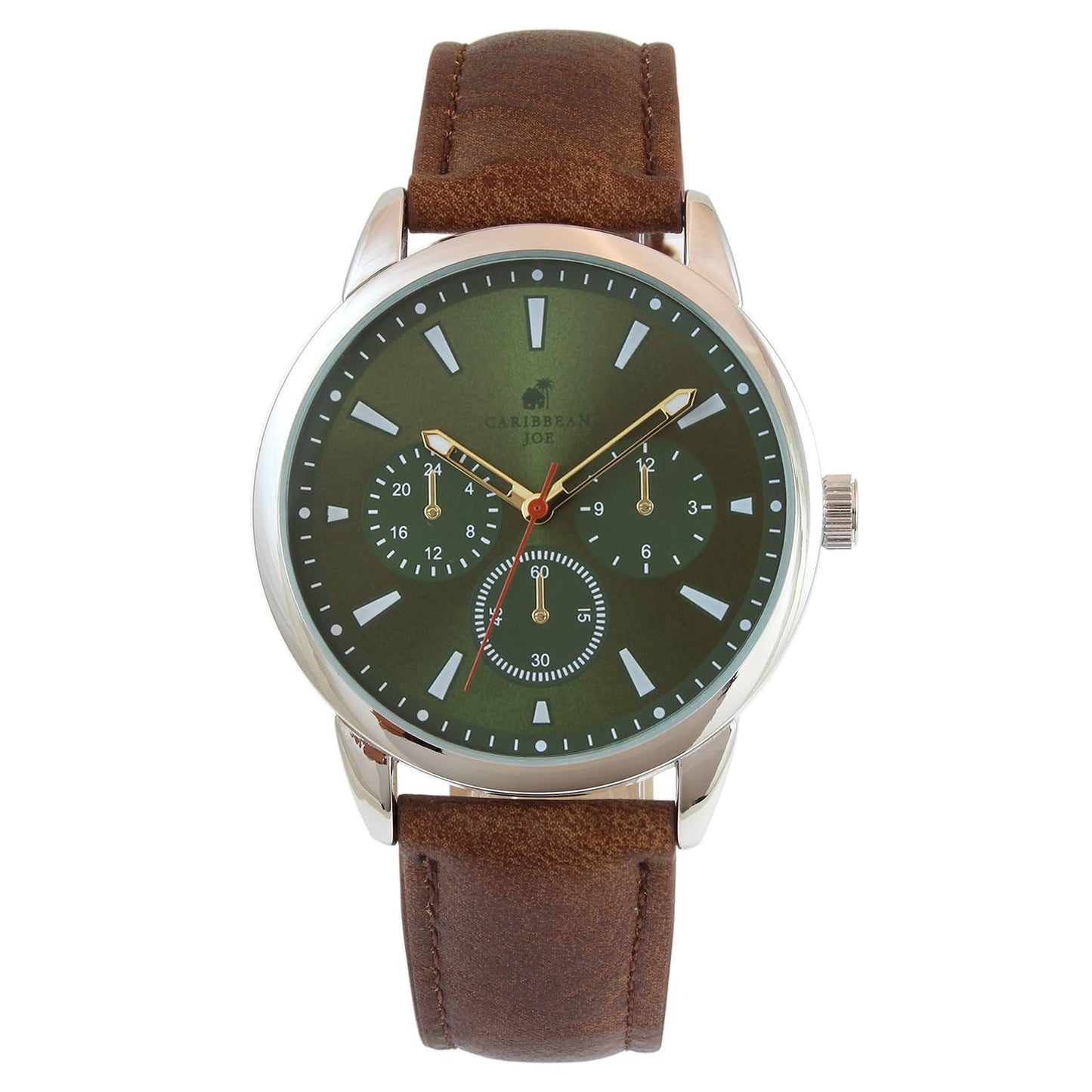 CARIBBEAN JOE Men’s Watch, 41mm Round Case, Silvertone, Dark Green Sunray Dial, Decorative Dial Accents, Luminous Indexes, Brown PU Strap