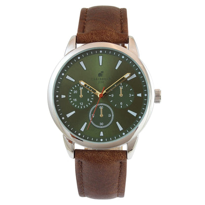 CARIBBEAN JOE Men’s Watch, 41mm Round Case, Silvertone, Dark Green Sunray Dial, Decorative Dial Accents, Luminous Indexes, Brown PU Strap
