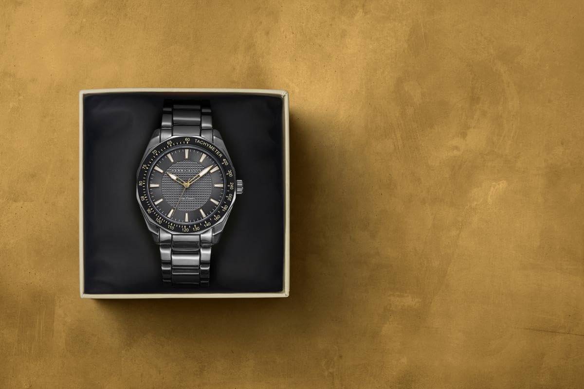 Perry Ellis Solar Men’s Watch – Round Gunmetal Dial and Alloy Band, Water-Resistant Analog