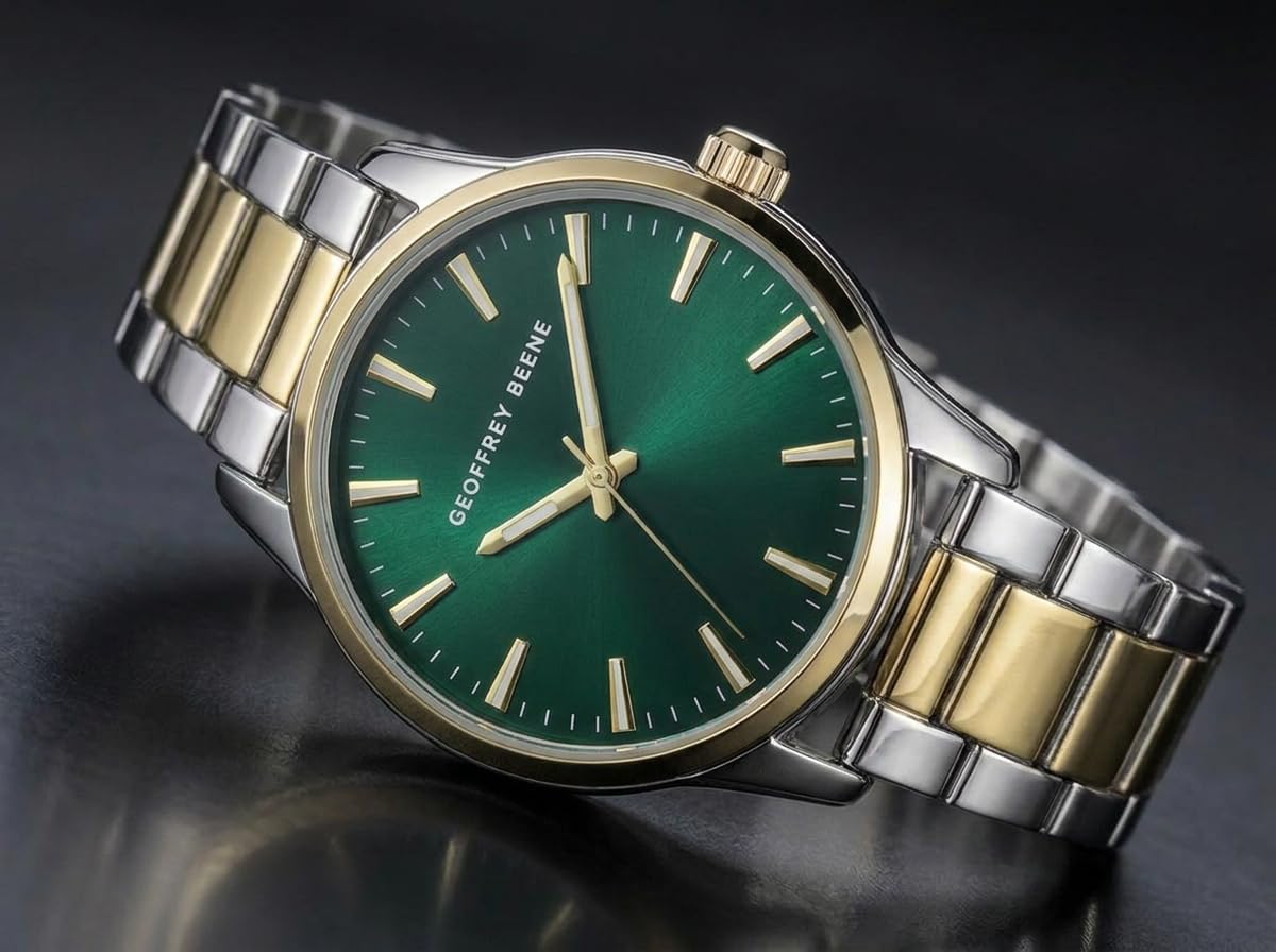 Geoffrey Beene Men’s Watch Set Round Two Tone 42mm Green Sunray Dial Strap & Bracelet
