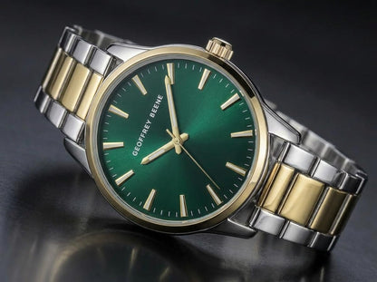 Geoffrey Beene Men’s Watch Set Round Two Tone 42mm Green Sunray Dial Strap & Bracelet