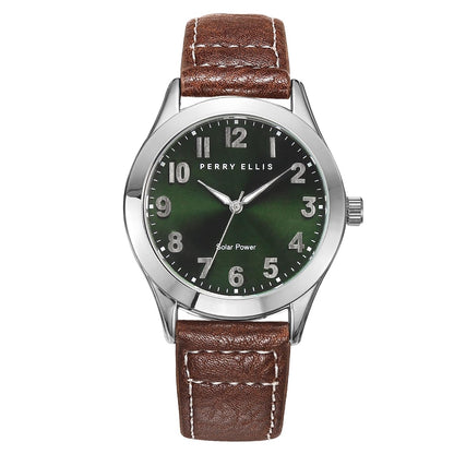 Perry Ellis Solar Men’s Watch –Black Round Sunray Dial, Black Leather Strap, Water-Resistant Analog