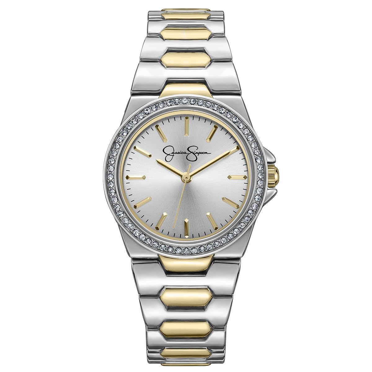 Jessica Simpson Women's Watch 32mm Gold Tone Rose Pink Dial Crystal Bezel Metal Bracelet Dress Watch Analog Quartz Birthday Gift for Her