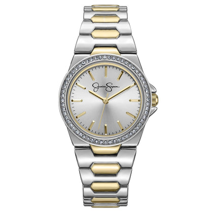 Jessica Simpson Women's Watch 32mm Gold Tone Rose Pink Dial Crystal Bezel Metal Bracelet Dress Watch Analog Quartz Birthday Gift for Her