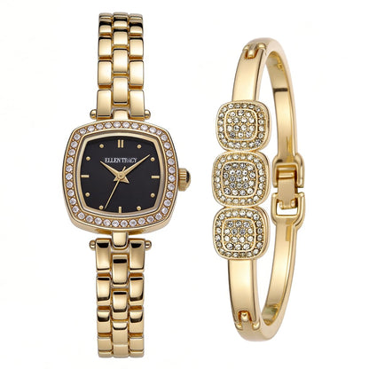 ELLEN TRACY Women's 22mm Cushion Goldtone Watch and Bangle Gift Set, Black Dial, Crystal Accents